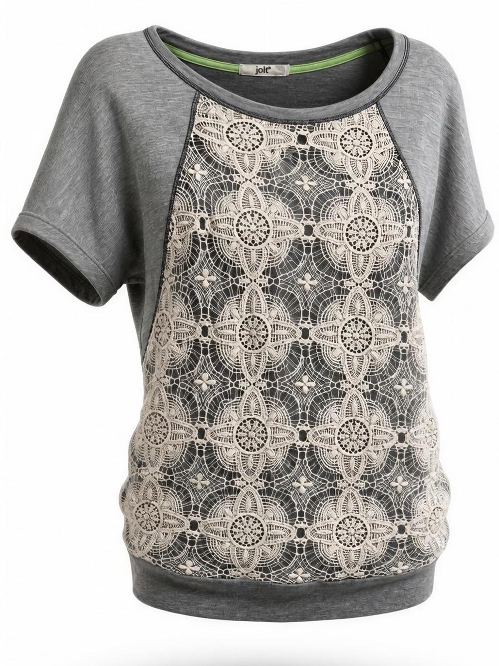 Jolt Boho Mixed Media Lace Front Raglan Top Gray & White Floral Crochet Medium - Picture 15 of 15